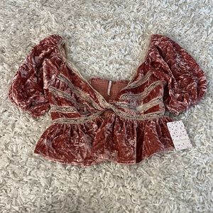 Free People Mauve Velvet and Lace Puffed Sleeved Tank Top Sizes Small and Medium